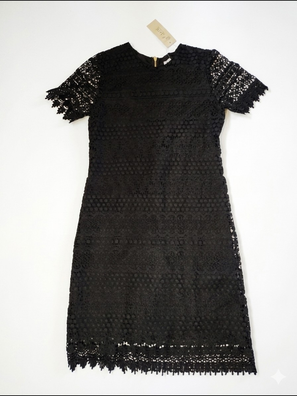 Jade Black Lace‎ Short-Sleeve Shift Dress Crochet Xs